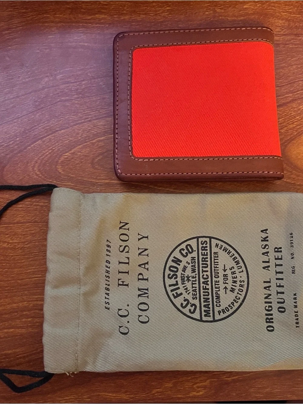 Filson Orange Canvas & Brown Leather Bifold Wallet